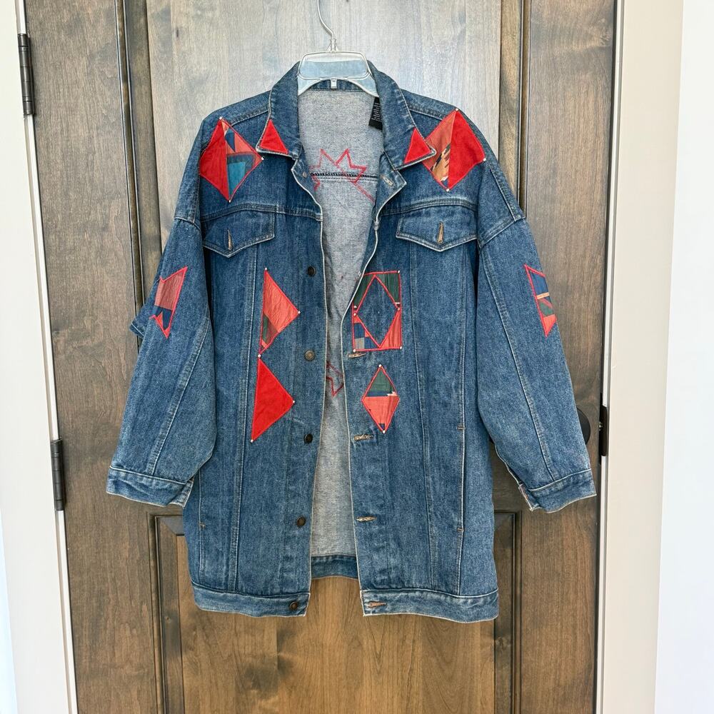 Vintage Patchwork Denim Jacket Boho Western Oversized 90s Jean Coat Large